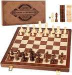 AMEROUS Juego de ajedrez y damas de madera magnética de 15 pulgadas (2 en 1), tablero plegable, caja de regalo, 24 piezas de alegría, 2 reinas adicionales, juego de ajedrez para principiantes para niños y adultos