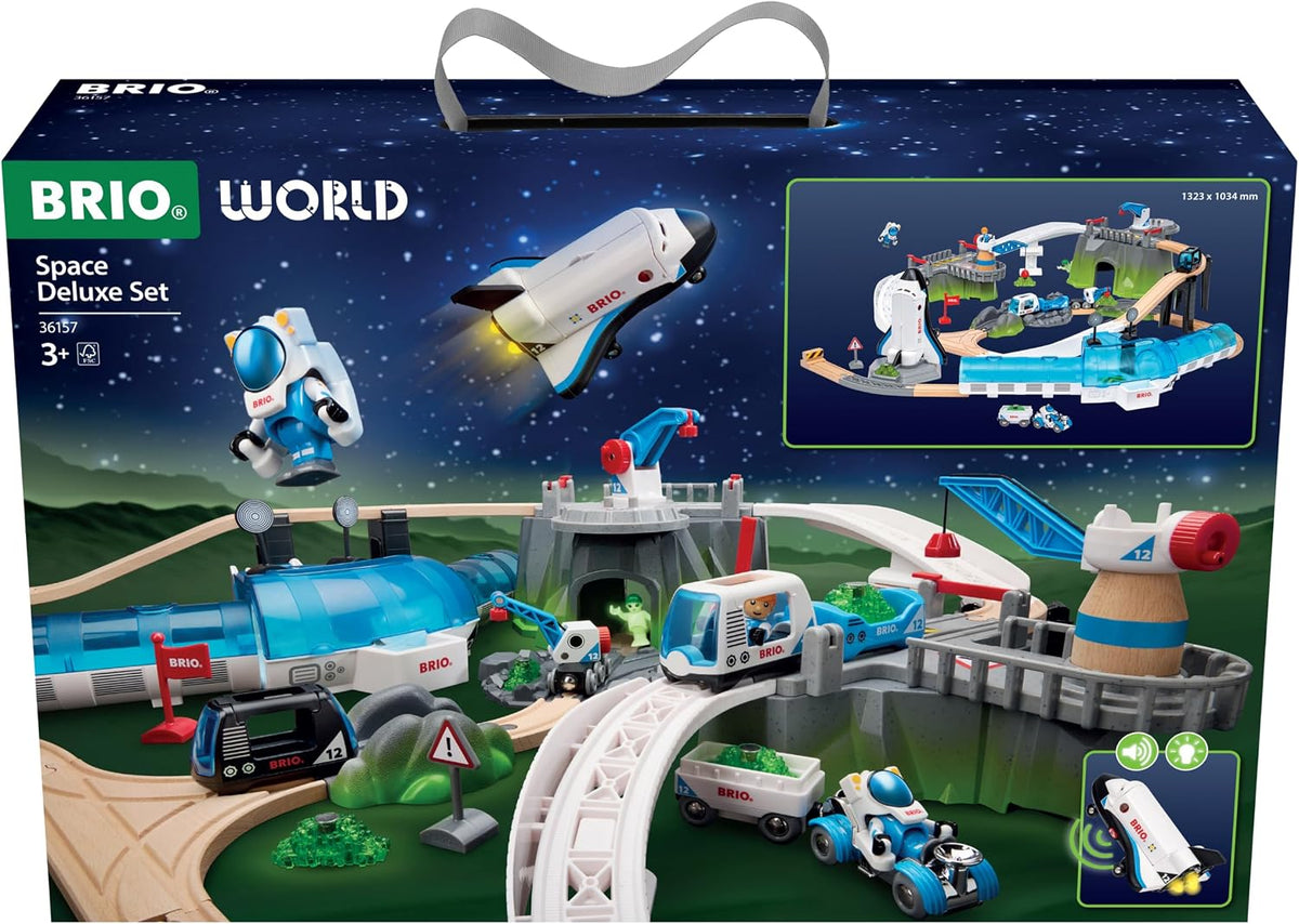 BRIO World Space Deluxe - Juego de ferrocarril de madera con certificación FSC de 56 piezas, transbordador espacial ligero y sonido, funciona con todos los juegos de trenes BRIO - A partir de 3 años