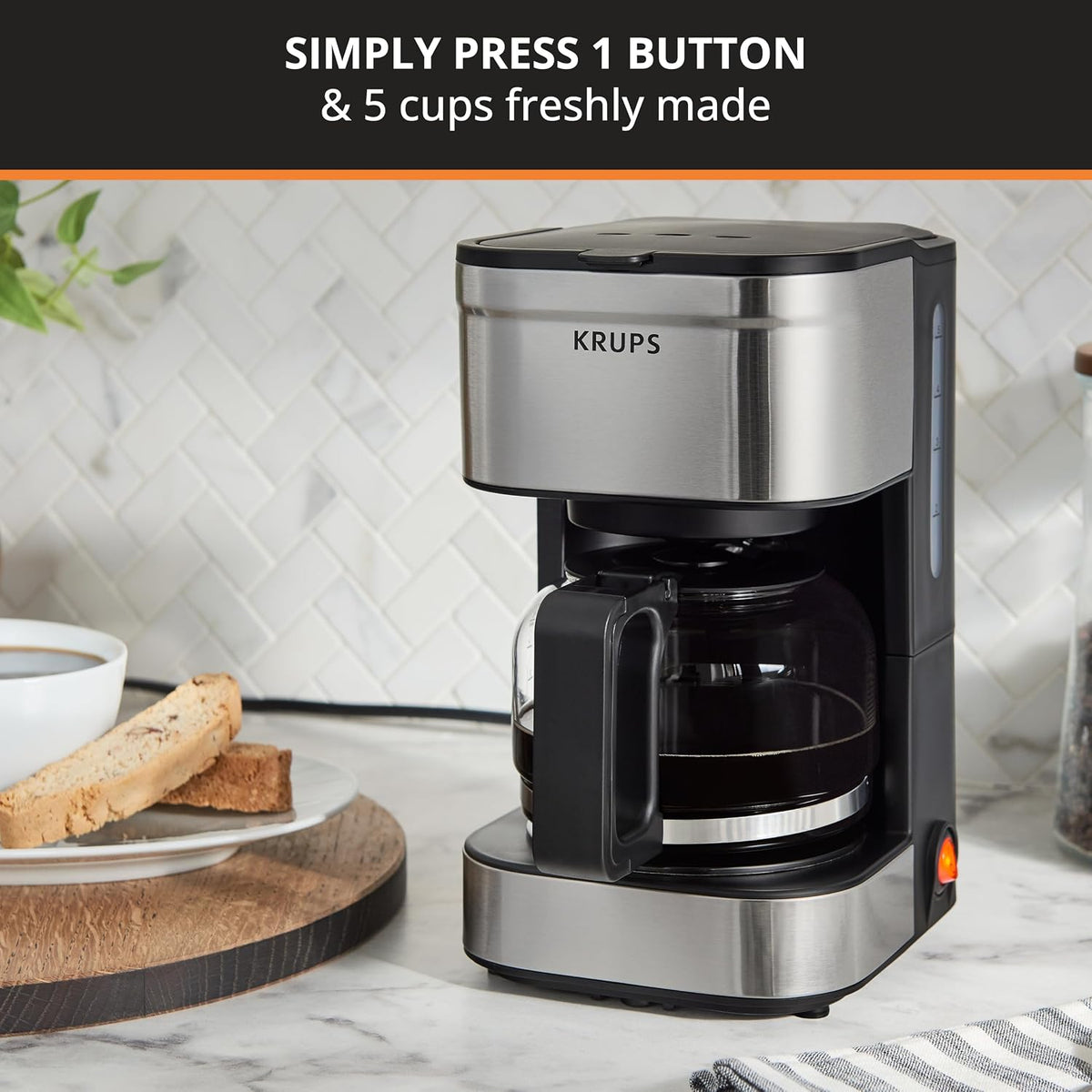 KRUPS Simply Brew Compact Cafetera de 5 Tazas: Diseño en Acero Inoxidable, Pause & Brew, Mantiene Caliente, Filtro Reutilizable, Jarra Antigoteo