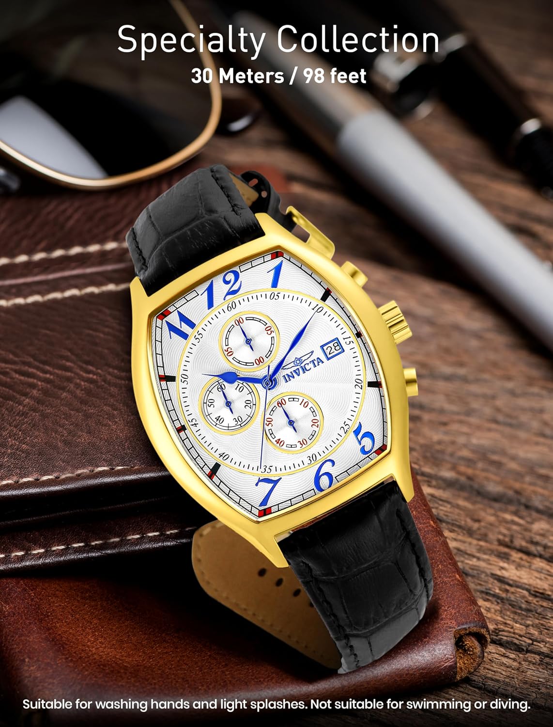 Invicta 14330 Specialty reloj chapado en oro amarillo 18 K con tres bandas de cuero para hombre