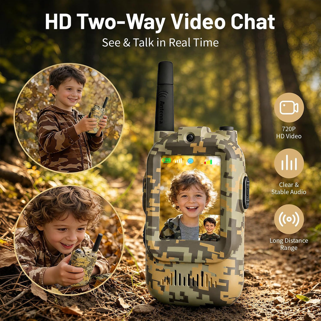 Walkie Talkie para niños con video: paquete de 2 juguetes recargables para niños pequeños con cámara HD y cambiador de voz, juguetes de regalo de largo alcance para niños y niñas de 3 a 8 años para