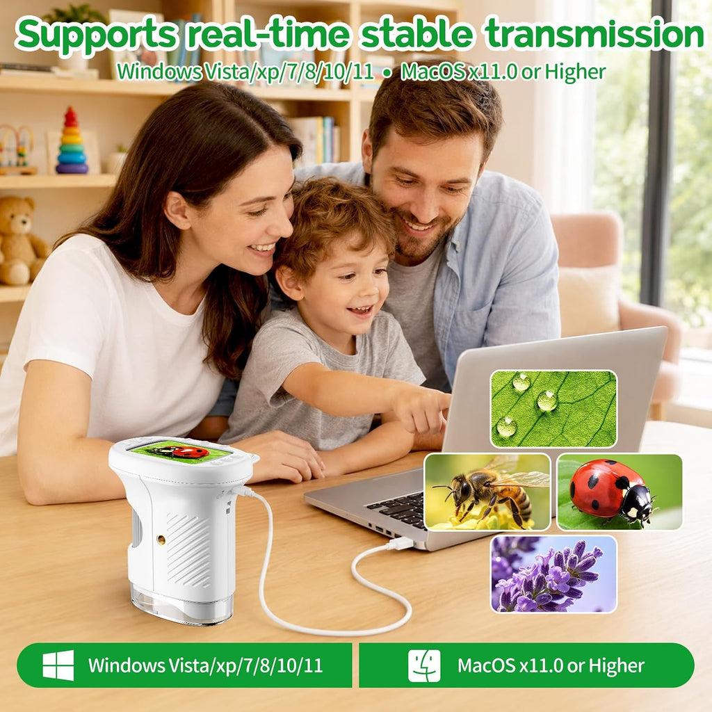 Microscopio de bolsillo de pantalla de 2.4 "para niños: Microscopio de mano 1000X para foto y video - Kits de ciencia portátiles Juguetes STEM - Regalos de Navidad/cumpleaños para niñas y niños de 3 a