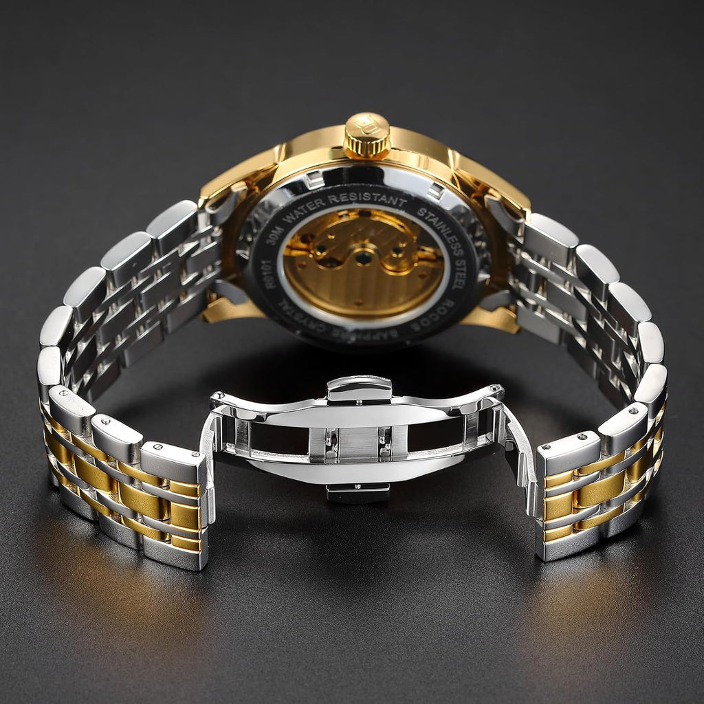 ROCOSJEWE R0101 Reloj Automático Mecánico para Hombre de Lujo Dorado Reloj Clásico Retro Correa de Cuero Marrón Impermeable Regalo para Hombre Moda Negocios