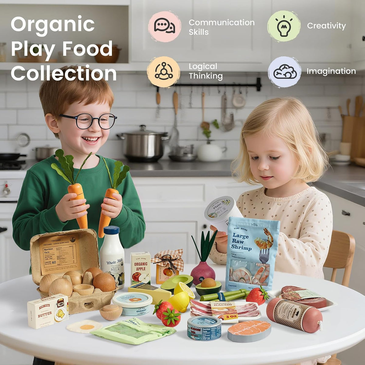 Tiny Land Wooden Play Food para Kids Kitchen, Pretend Food Dairy Set Toy