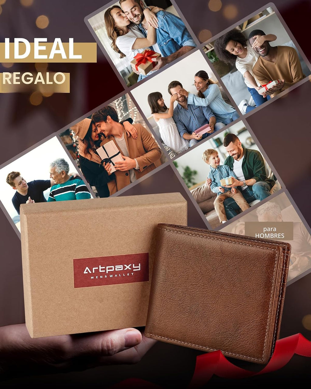 Cartera Artpaxy para hombre de cuero genuino plegable con bloqueo RFID, con 1 ventana para identificación, 13 ranuras para tarjetas, 2 bolsillos para efectivo, 1 caja de regalo, Marrón, Classic