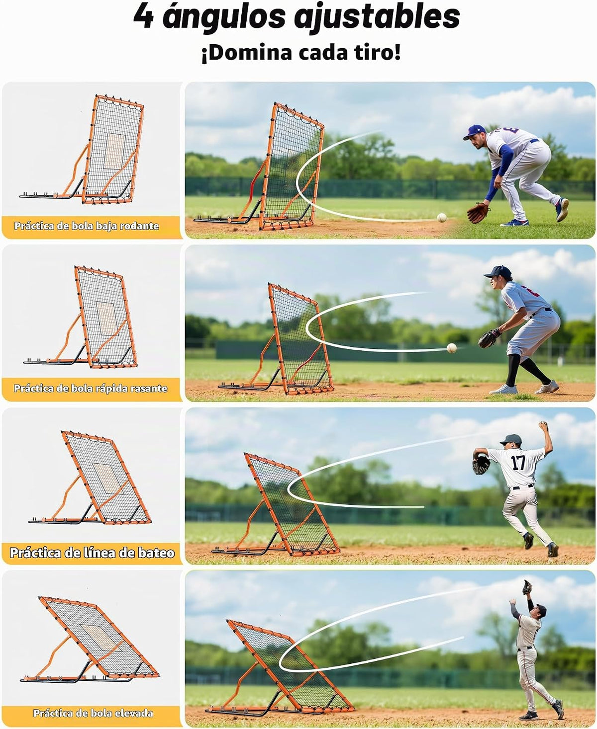Red de rebote de béisbol, 4 x 4.5 pies, rebote de béisbol y softbol con 4 ángulos de ajuste, equipo de entrenamiento de voleibol para béisbol, lacrosse, fútbol, práctica de captura de campo de