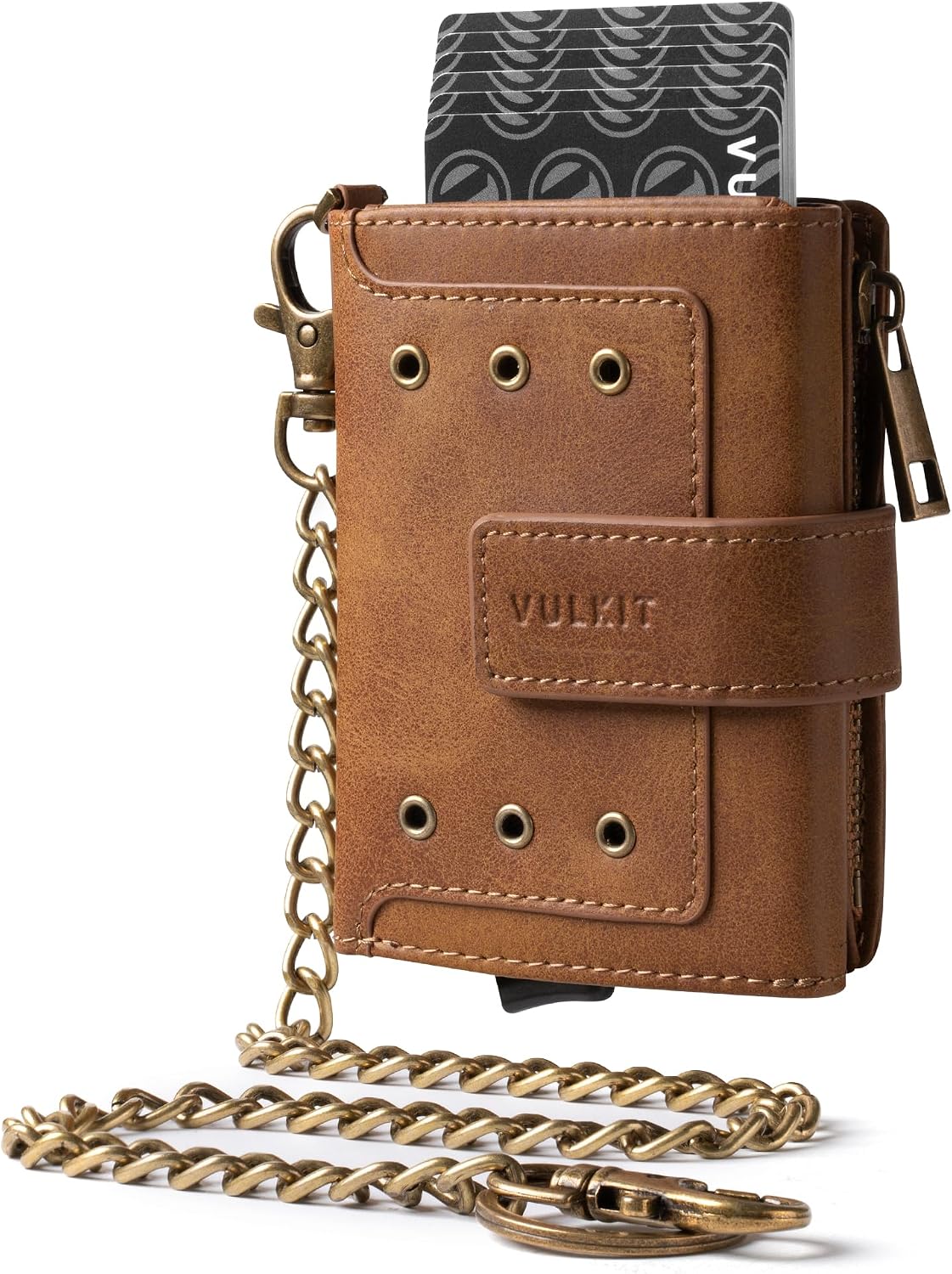 VULKIT - Cartera para hombre con protección RFID con cadena, color marrón