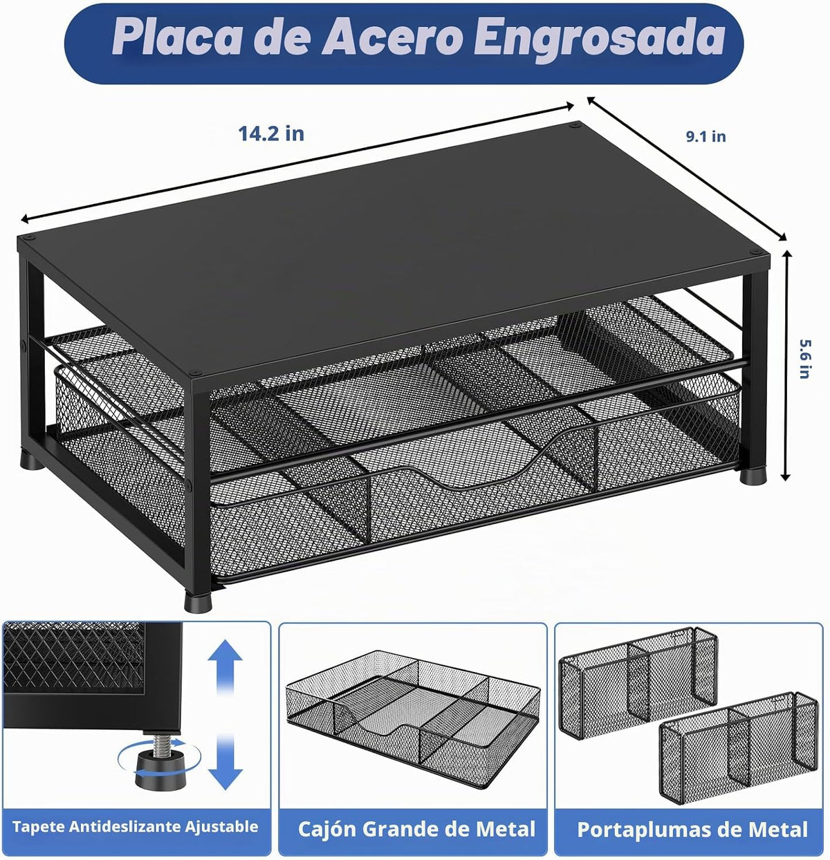 Lámpara Organizador de escritorio y accesorios, soporte elevador de monitor de computadora de 2 niveles con cajón y 2 soportes para bolígrafos, soporte para laptop, accesorios de escritorio de oficina