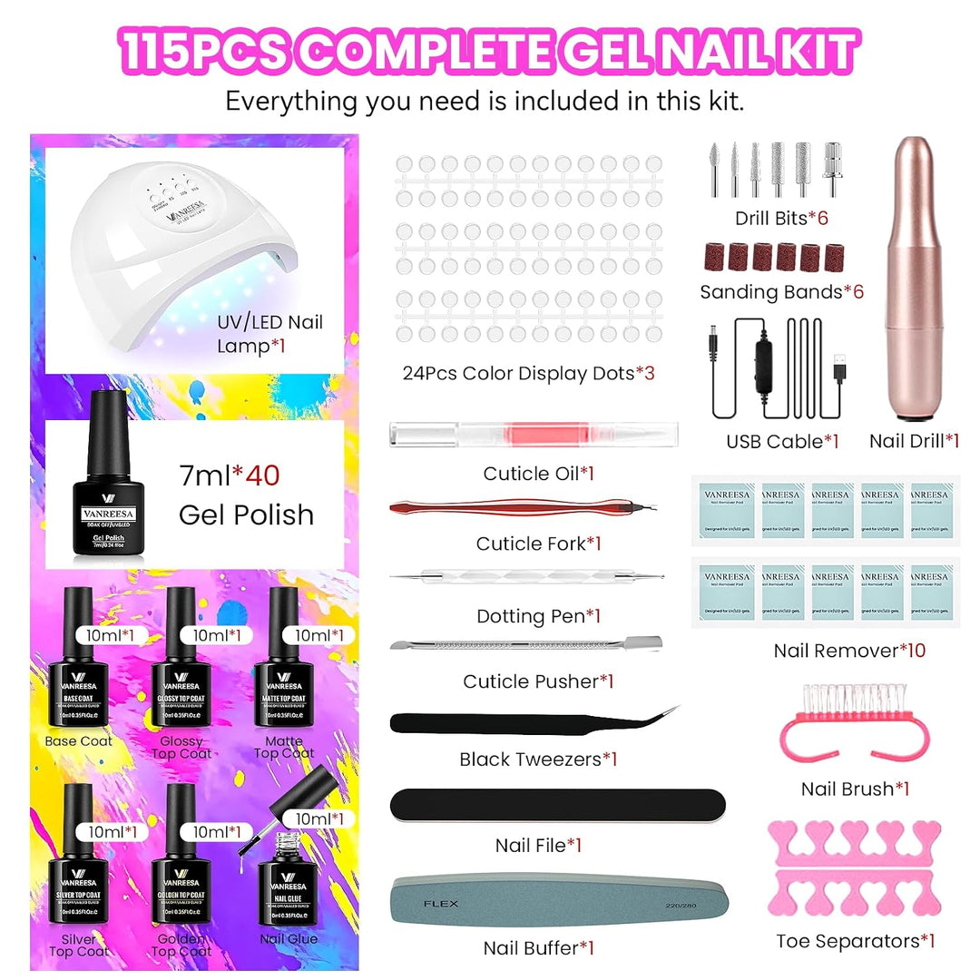 VANREESA Kit de 115 esmaltes de uñas de gel con taladro de uñas con...