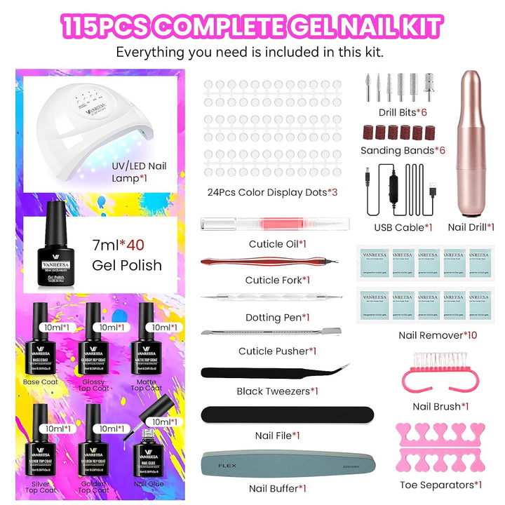 VANREESA Kit de 115 esmaltes de uñas de gel con taladro de uñas con...