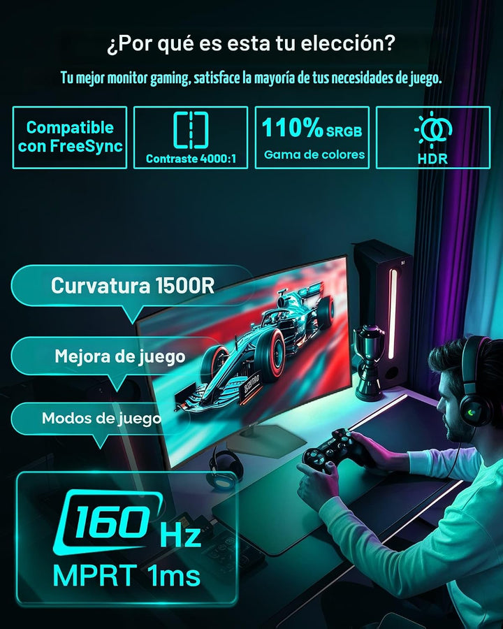 SANSUI 27 pulgadas Curvo 160Hz Monitor para juegos 144Hz FHD 1080P...
