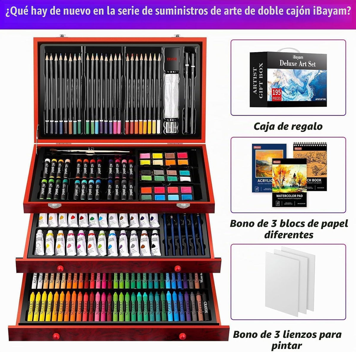 iBayam Art Supplies, paquete de 195 kits de pintura de dibujo de lujo, juego de 3 cuadernos de bocetos