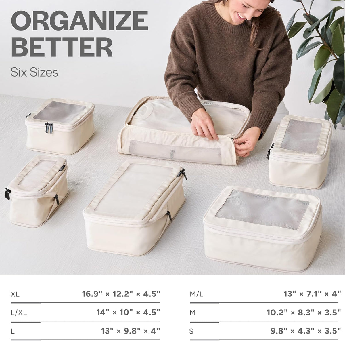 Cubos de embalaje de compresión para viajes, bolsas organizadoras de equipaje, cubos de embalaje con doble cremallera para maletas (paquete de 6, beige)