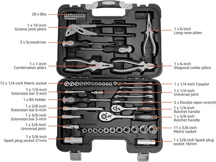 Amazon Basics Juego de herramientas manuales de mecánico y reparaci...