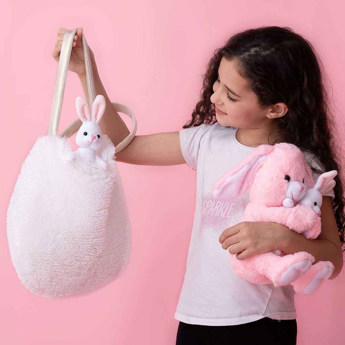 Perfectto Design Regalos de Pascua para niños, juguete de conejo de peluche, 5 piezas, conejo de peluche para mamá, 2 conejitos y bolsa peluda. Regalo de peluche suave de conejo de Pascua para niños