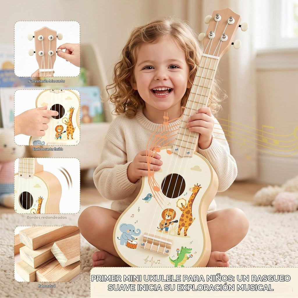Juego de guitarra infantil de madera para niños y niñas de 2 a 4 años, instrumentos musicales Montessori 9 en 1 con ukelele/pandereta/maraca/agitadores de huevos