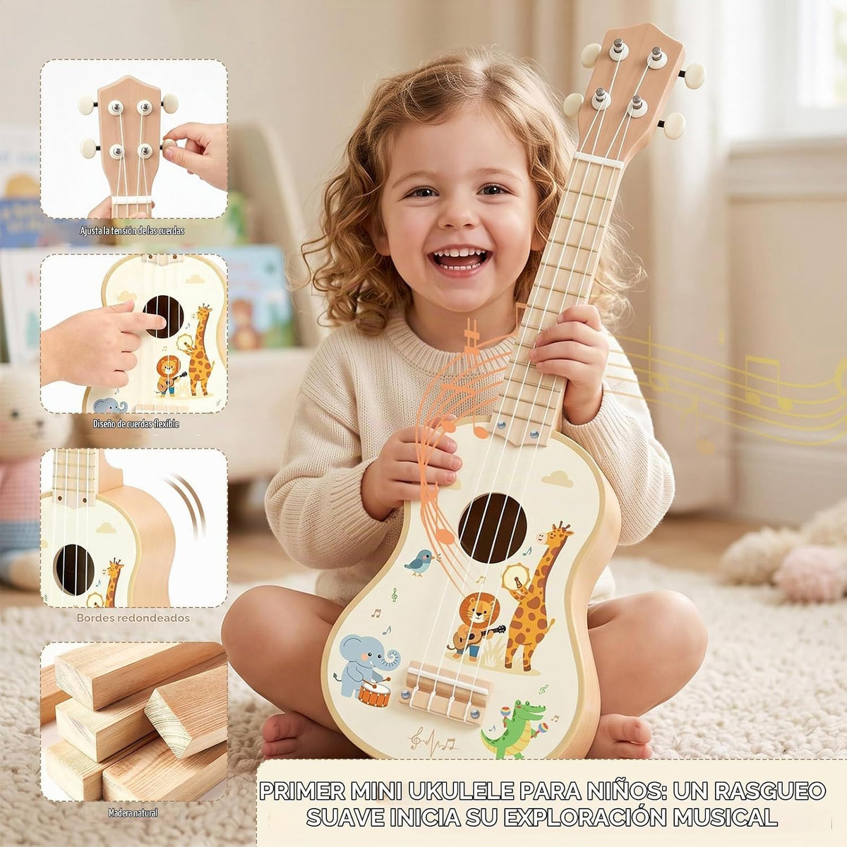 Juego de guitarra infantil de madera para niños y niñas de 2 a 4 años, instrumentos musicales Montessori 9 en 1 con ukelele/pandereta/maraca/agitadores de huevos