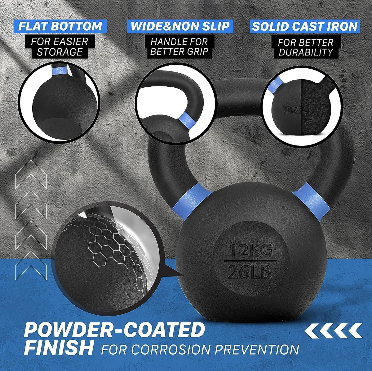 Yes4All Kettlebell recubierta en polvo, pesas de hierro fundido de 9-88 lb