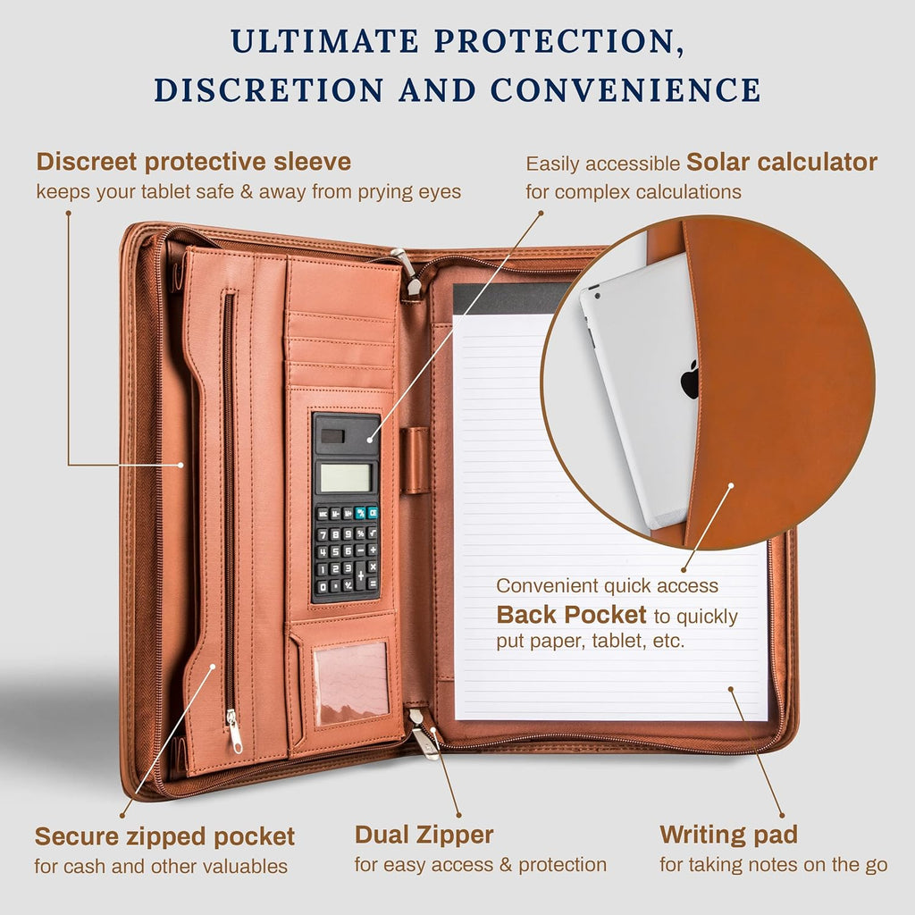 Cossini portafolio comercial / portadocumentos de cuero PU premium con cierre y funda interior para tableta de 10.1 pulgadas (Incluye: pad de escritura, calculadora, lapicera y eBook)
