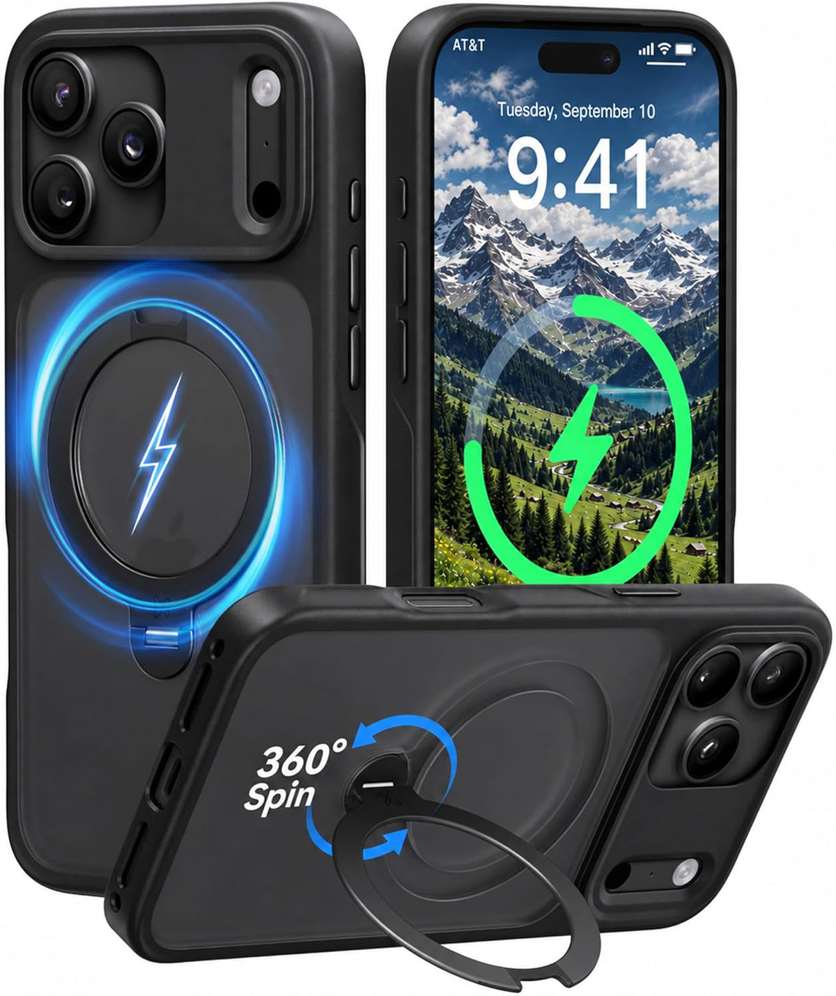 CASEKOO - Funda oficial negra para iPhone 18 Pro con soporte magnético giratorio de 360 grados