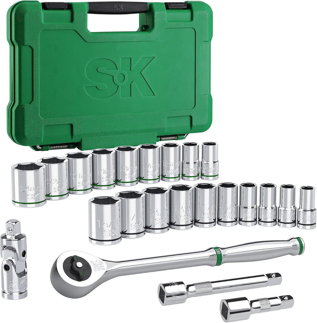 Conjunto de dados de 1/2" de SK con llave dinamométrica de 216-P, 23 piezas, enchufes SAE y métricos