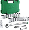 Conjunto de dados de 1/2" de SK con llave dinamométrica de 216-P, 23 piezas, enchufes SAE y métricos