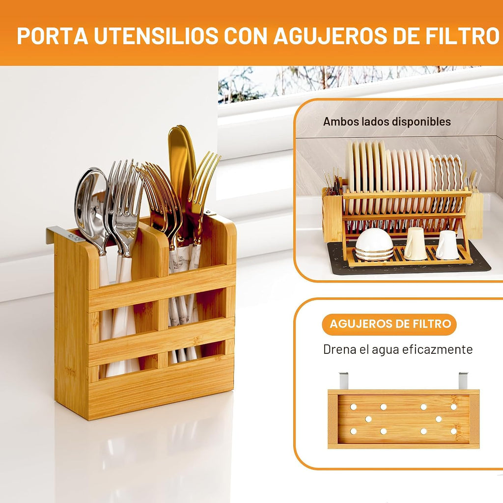 Greenual Escurridor de platos de bambú con soporte para utensilios, estante plegable de 3 niveles, estantes de madera para encimera de cocina, soporte de secado plegable grande con tapete absorbente para secar platos