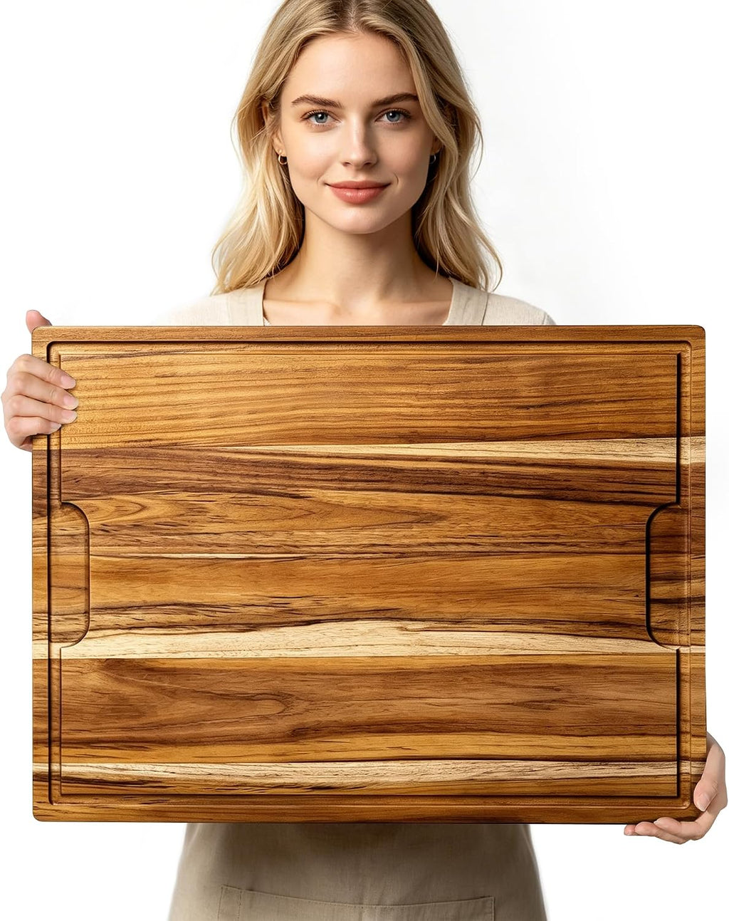 Tabla de cortar de teca 24 x 18 in, bloque de carnicero con canal para jugos