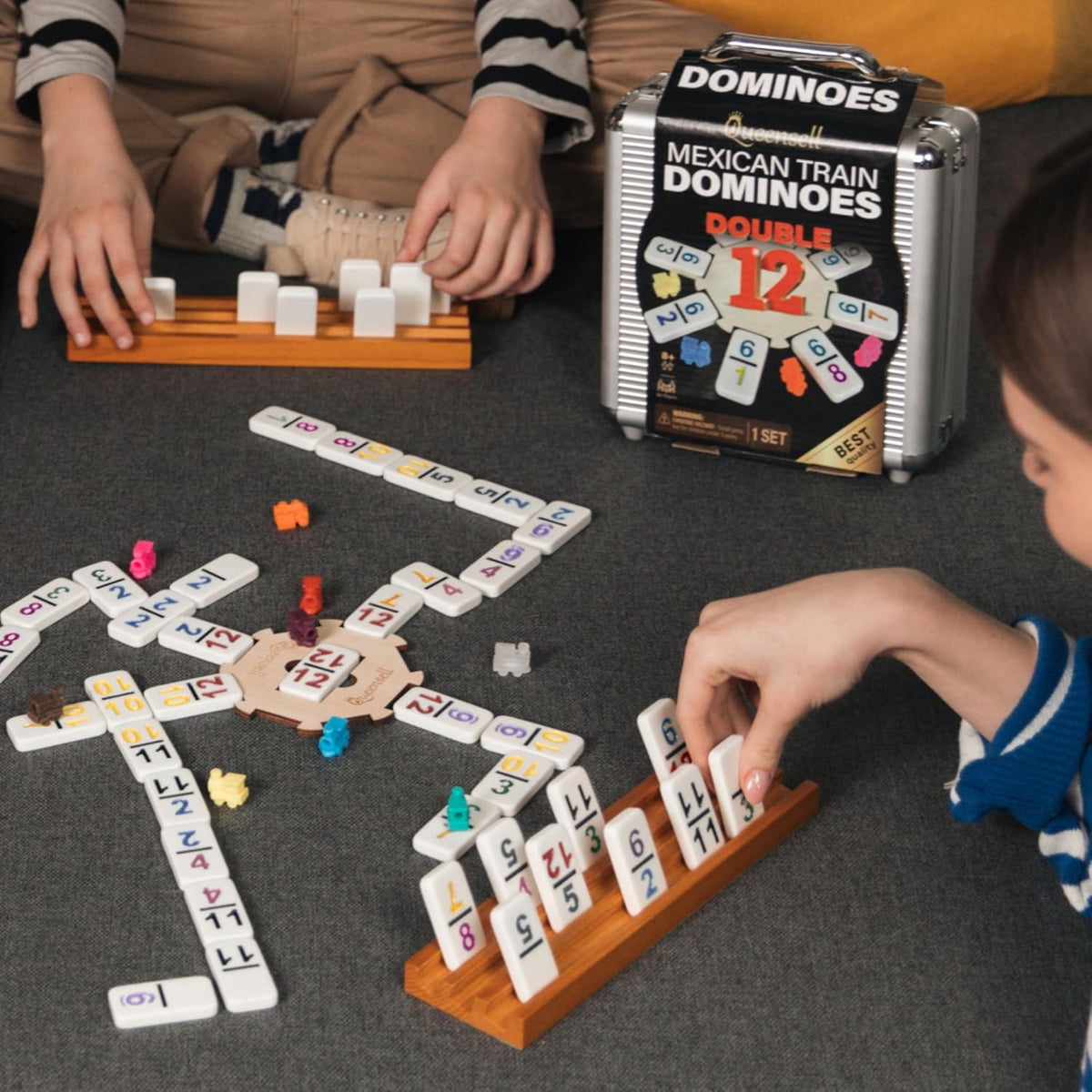 Queensell Mexican Train Dominoes Set con Numbers, Double 12 Dominoes Sets para Adults, Mexican Domino Train para Adults y Family - Domino Sets 91 Tiles con Aluminum Case