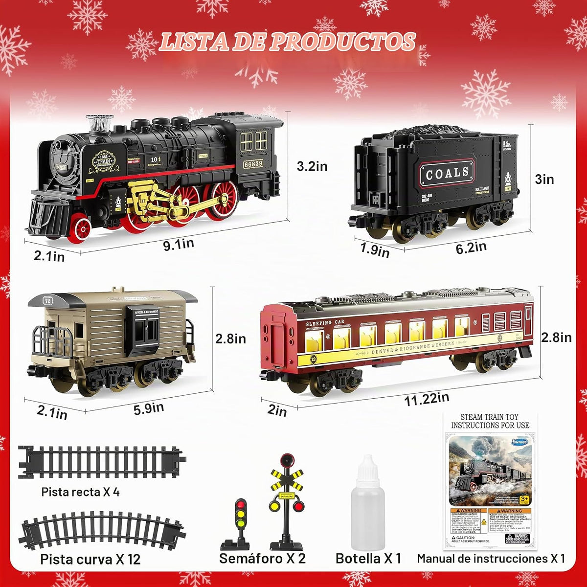 Set de Tren Eléctrico Navideño Funwee con Humo, Luces y Sonido para Niños