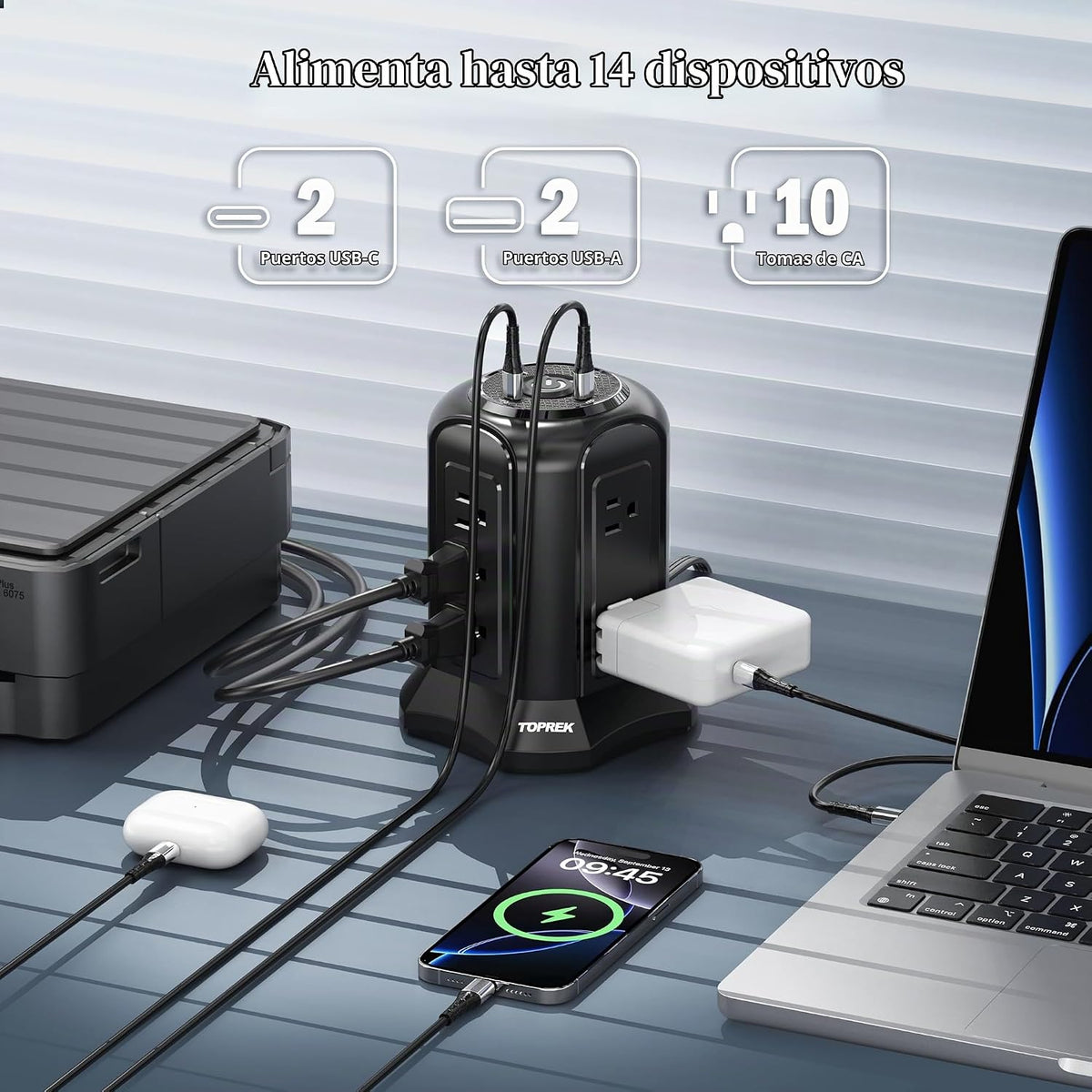 Regleta protectora contra sobretensiones de torre 2100J - 10 tomacorrientes, 2 USB-C (20 W PD), 2 USB-A, cable de extensión de enchufe plano de 6.5 pies para oficina en casa, dormitorio, escritorio