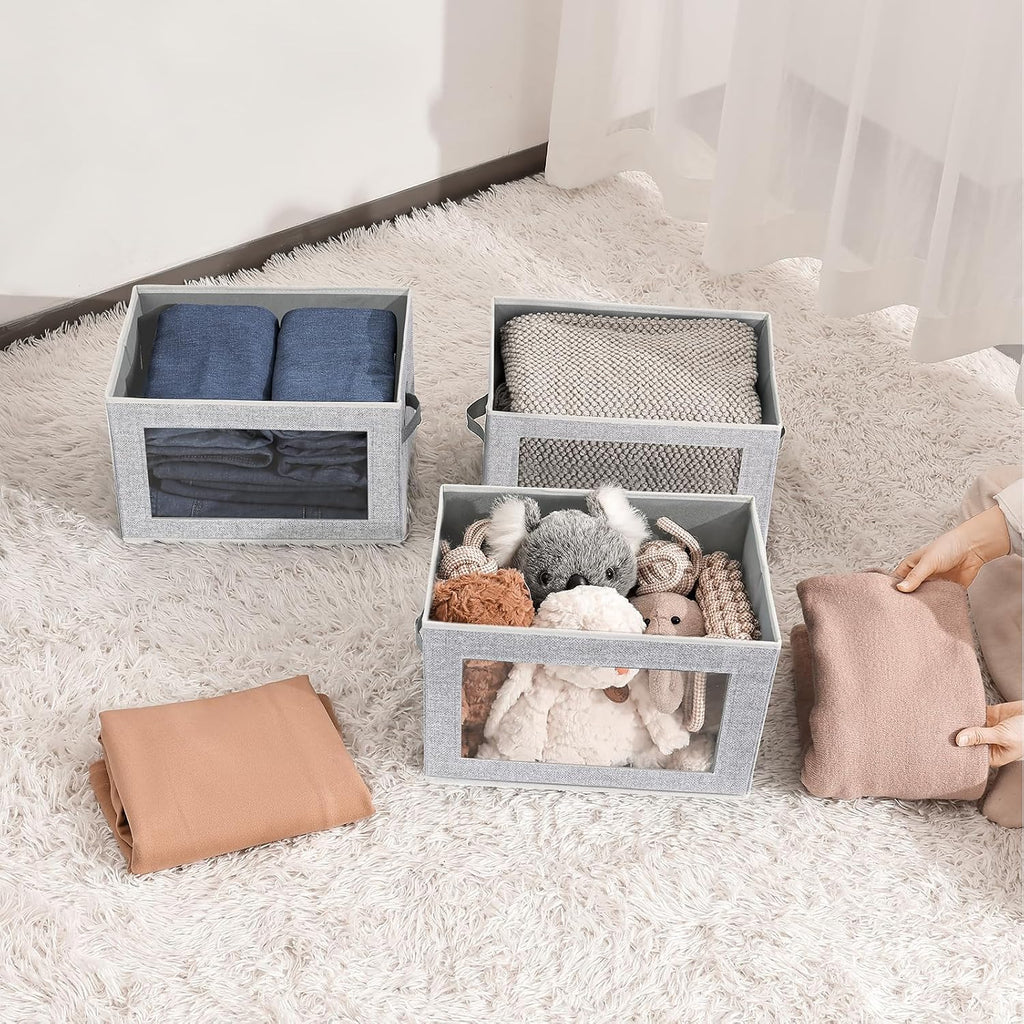 Cajas de Almacenamiento de Tela con Tapas - 3 Paquetes de Cubos de Almacenamiento con Ventana, Cajas de Almacenamiento Plegables para Estantes, Cajas de Almacenamiento para Armario para