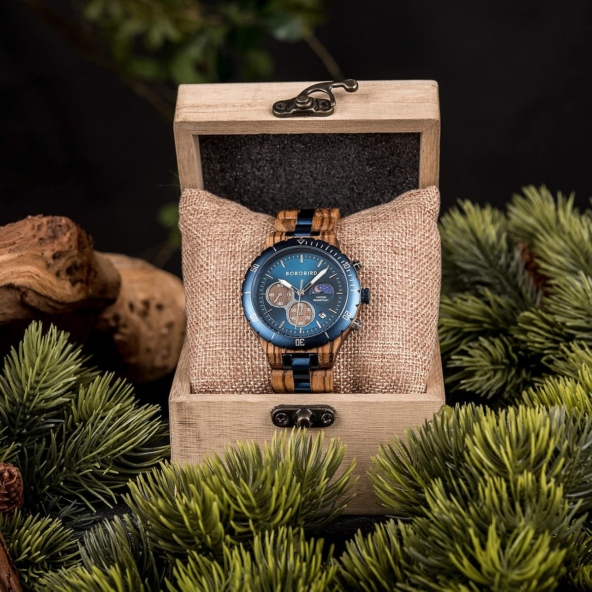 BOBO BIRD Reloj de madera de cuarzo para hombre, acero inoxidable, aleación de sándalo rojo, reloj de pulsera para hombre, función clásica, cronógrafo, manecillas luminosas, visualización de fecha de