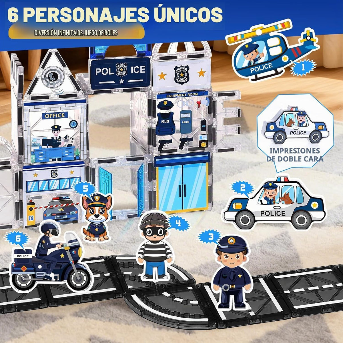 60PCS Police Station Magnetic Tiles Construction Set con 6 Magnetic Dolls