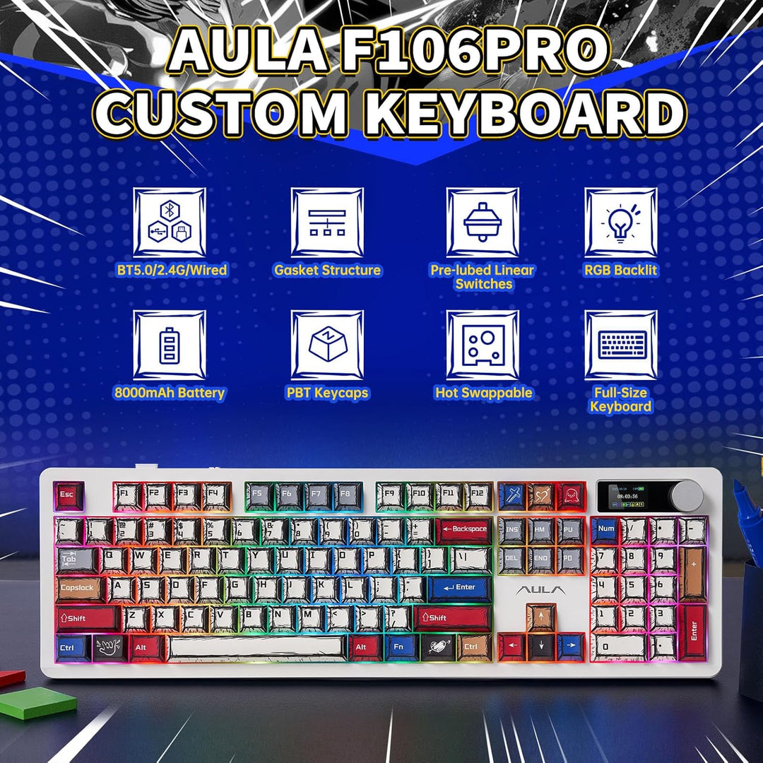AULA Teclado Mecánico Inalámbrico F106 PRO, Teclado Gaming de Tamañ...