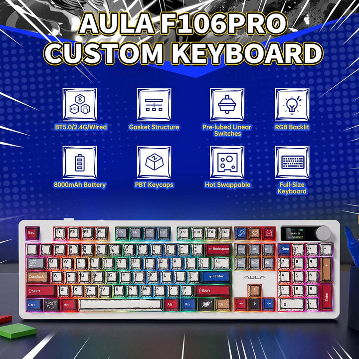 AULA Teclado Mecánico Inalámbrico F106 PRO, Teclado Gaming de Tamañ...