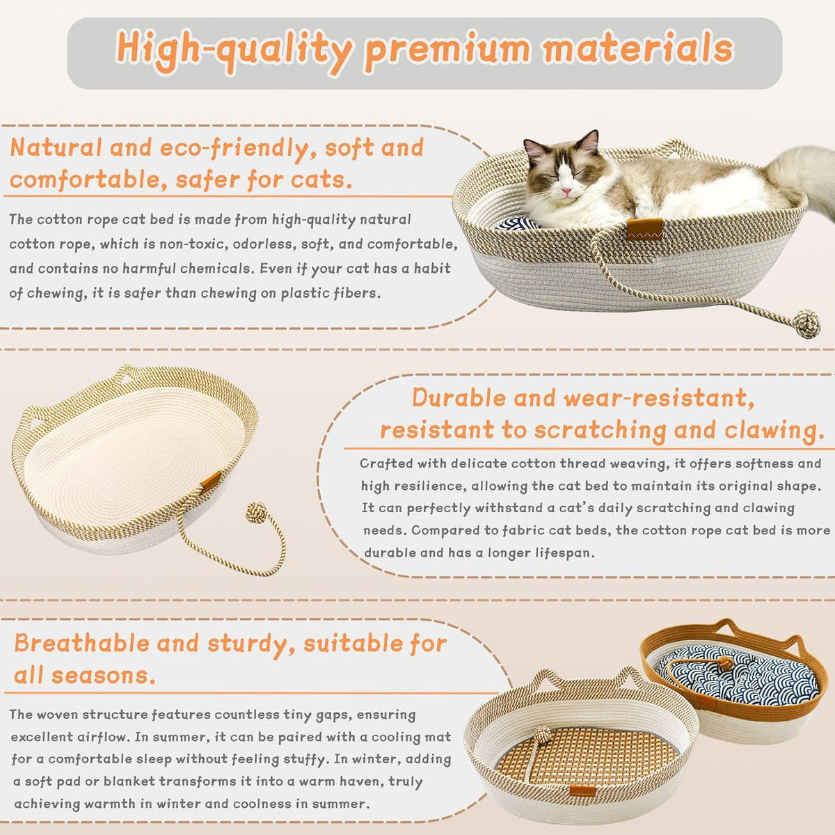 Cesta de cuerda para gatos, cama ovalada de algodón con
