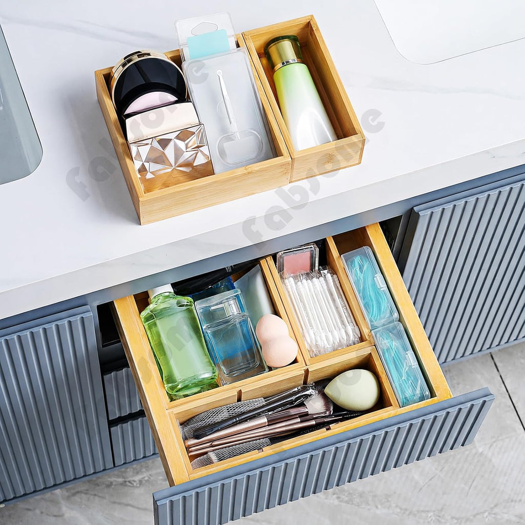Fabsome Organizador de cajones, juego de 9 cajas de almacenamiento de madera de bambú para cocina, escritorio de maquillaje, cajas de almacenamiento para cubiertos, cubiertos, cubiertos, bandeja pequeña de madera para baño, oficina
