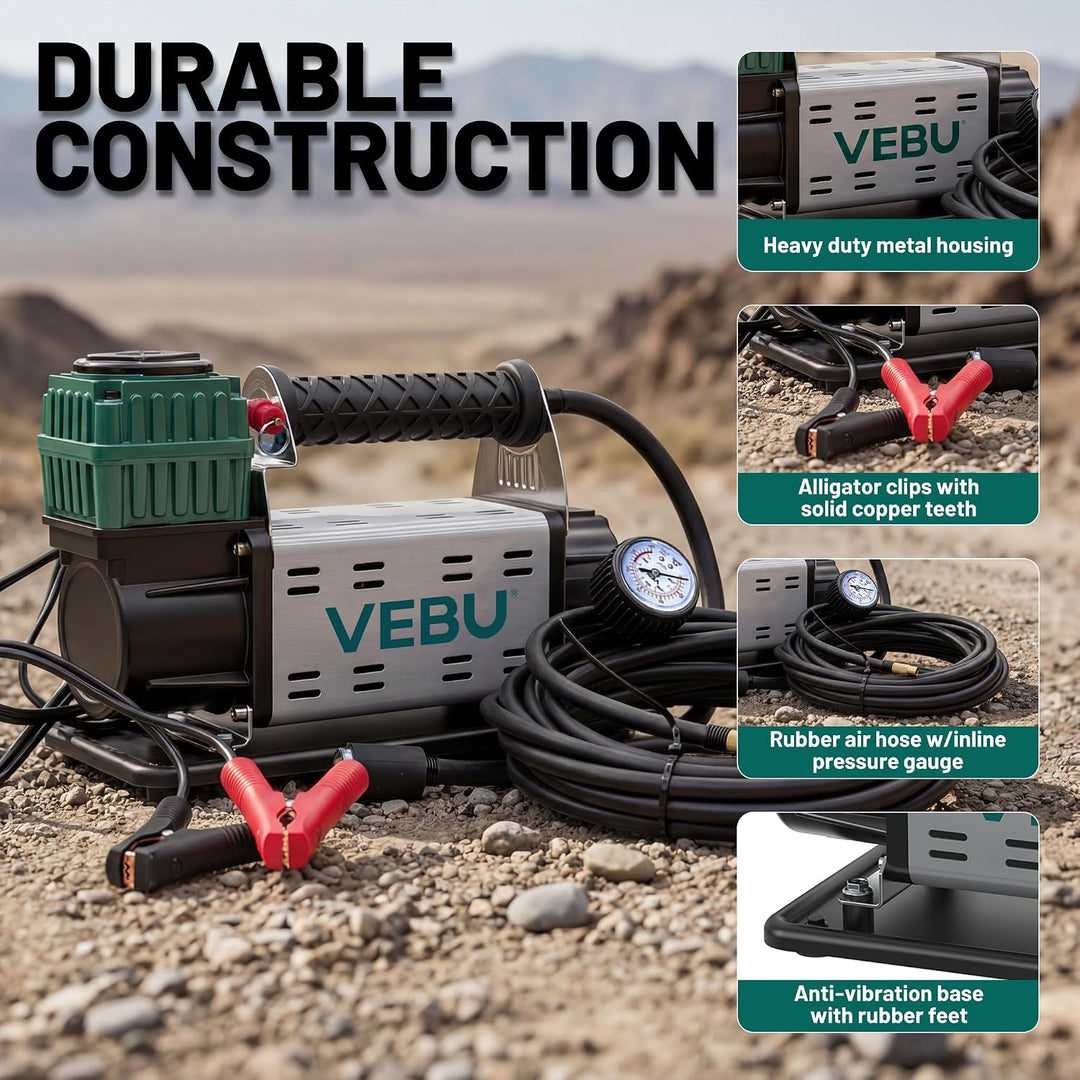 VEBU Compresor de aire de 12 V, inflador de neumáticos de 125 PSI c...