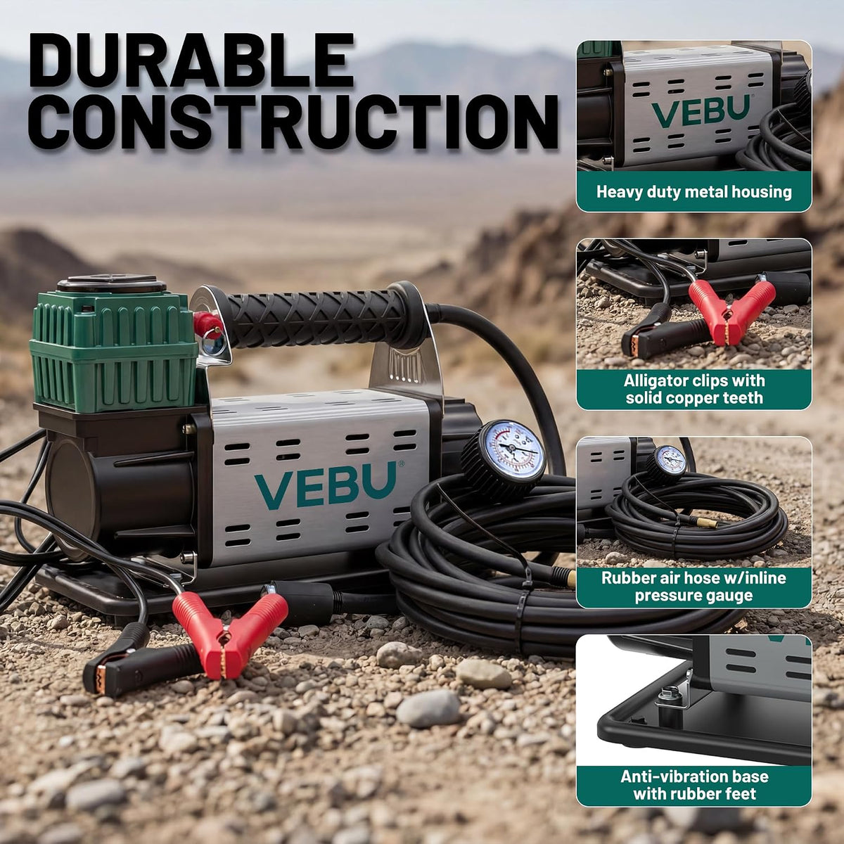 VEBU Compresor de aire de 12 V, inflador de neumáticos de 125 PSI c...
