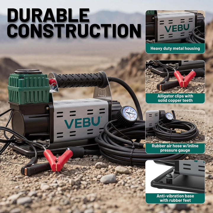 VEBU Compresor de aire de 12 V, inflador de neumáticos de 125 PSI c...