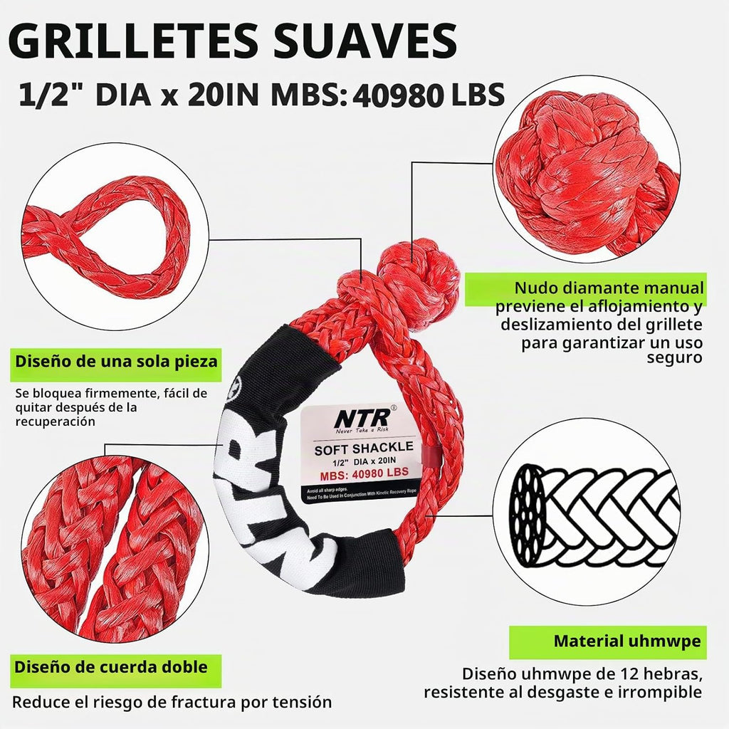 Cuerda de remolque de recuperación cinética de 1-1/8 pulgadas x 30 pies (37,480 libras), con 2 grilletes suaves UHMWPE (40,980 libras), correa de tracción todoterreno resistente, kit de