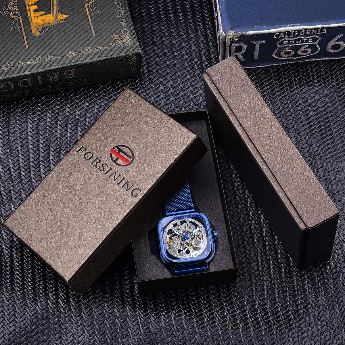 FORSINING Relojes automáticos Reloj de pulsera mecánico dorado para hombre Relojes de esqueleto con esfera transparente de acero inoxidable con movimiento de flor real talla
