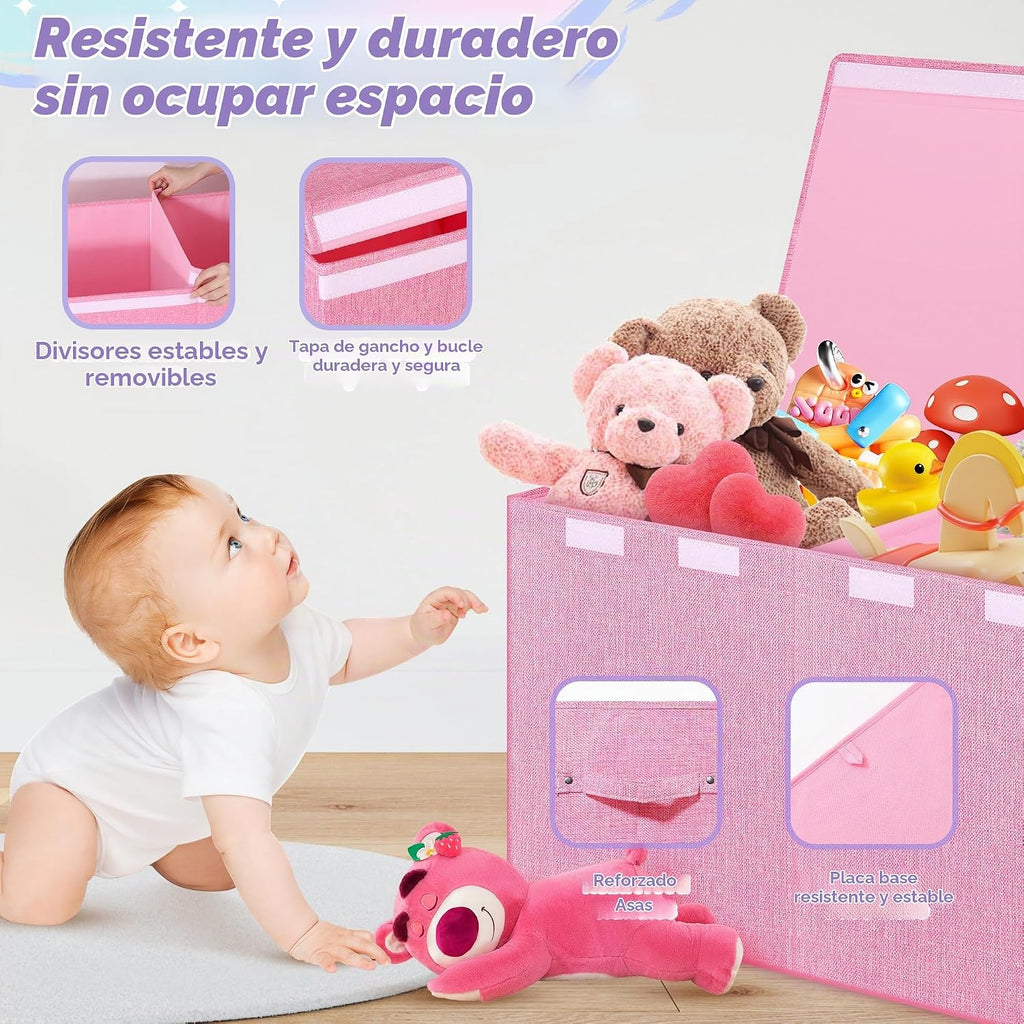 Caja de juguetes extra grande con tapa, cofre de almacenamiento plegable, 40"x16"x16" Rosado