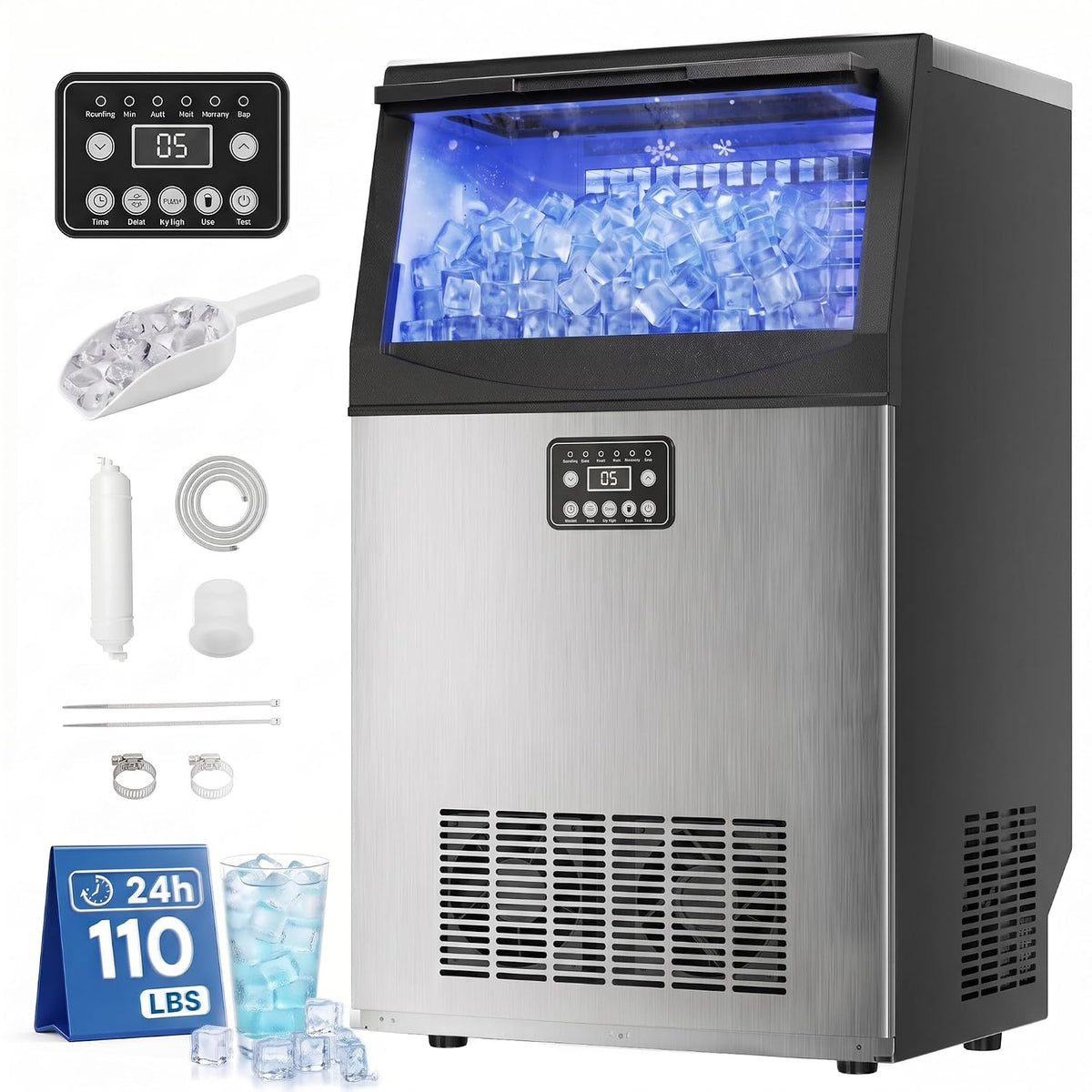 Uthfy Máquina de hielo comercial de 110 libras/24 horas, máquina de hielo debajo de la encimera, 36 cubos de hielo en 14 minutos, almacenamiento de 33 libras, filtro de agua y autolimpieza, máquina de