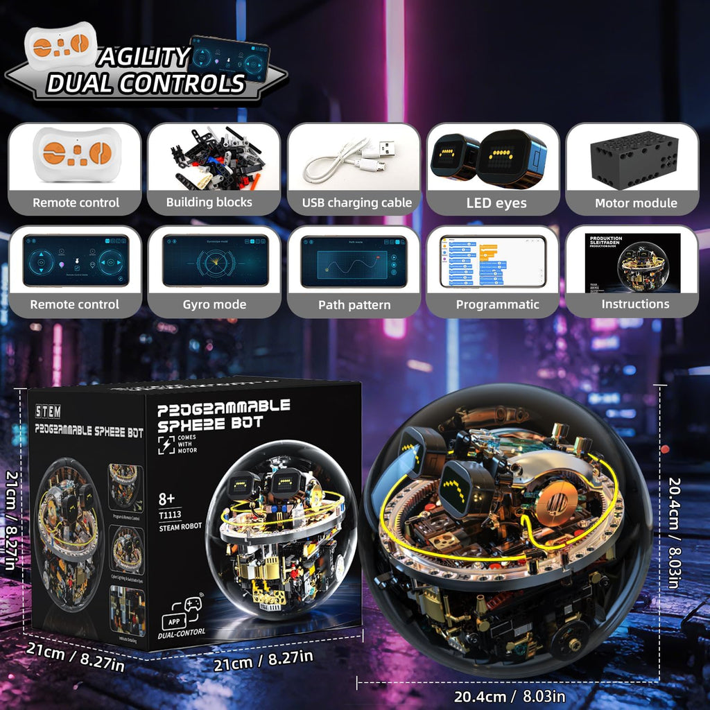 STEM Robot Kit de construcción para niños de 8 a 14 años, 804 piezas de juguete robótico esférico de control remoto y aplicación con expresiones LED y luces Cyberpunk, juego de codificación técnica
