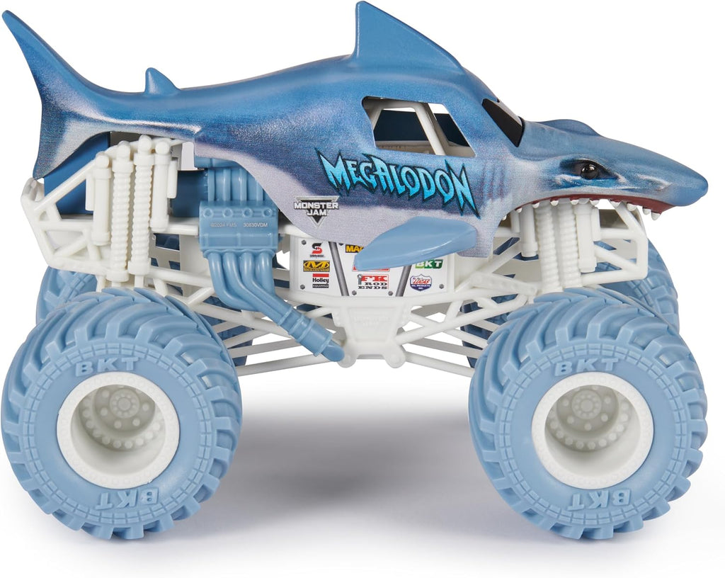 Monster Jam Camión monstruo oficial Megalodon - Retro 2017 edición original a escala 1:24 vehículo fundido a presión, llantas cromadas y neumáticos BKT para uso en todos los juegos de juego
