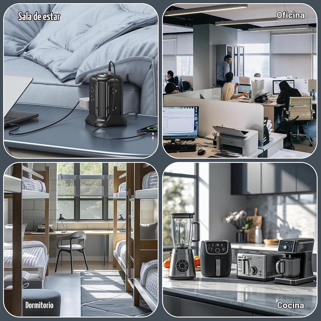 Regleta protectora contra sobretensiones de torre 2100J - 10 tomacorrientes, 2 USB-C (20 W PD), 2 USB-A, cable de extensión de enchufe plano de 6.5 pies para oficina en casa, dormitorio, escritorio