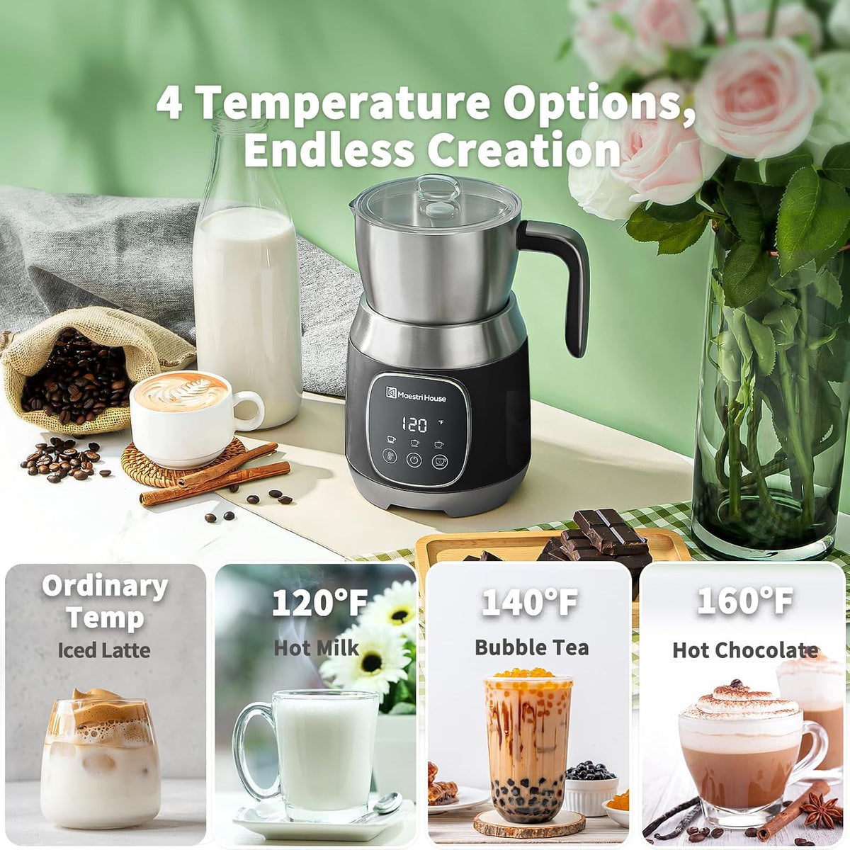Maestri House Espumador de Leche, Temperatura Variable y Grosor de Espuma DualFro 600 Espumador de Leche Vaporizador, Calentador de Leche con Control Táctil Inteligente de 21OZ, Apto para Lavavajillas