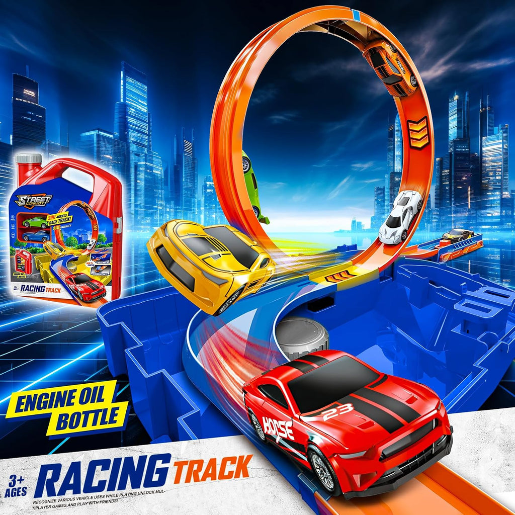 Juego de autos de juguete de pista de carreras con 2 autos de carreras, estilo 2 en 1 con caja de almacenamiento, juguetes de pistas intercambiables, regalos de cumpleaños y Navidad para niños de 3, 4